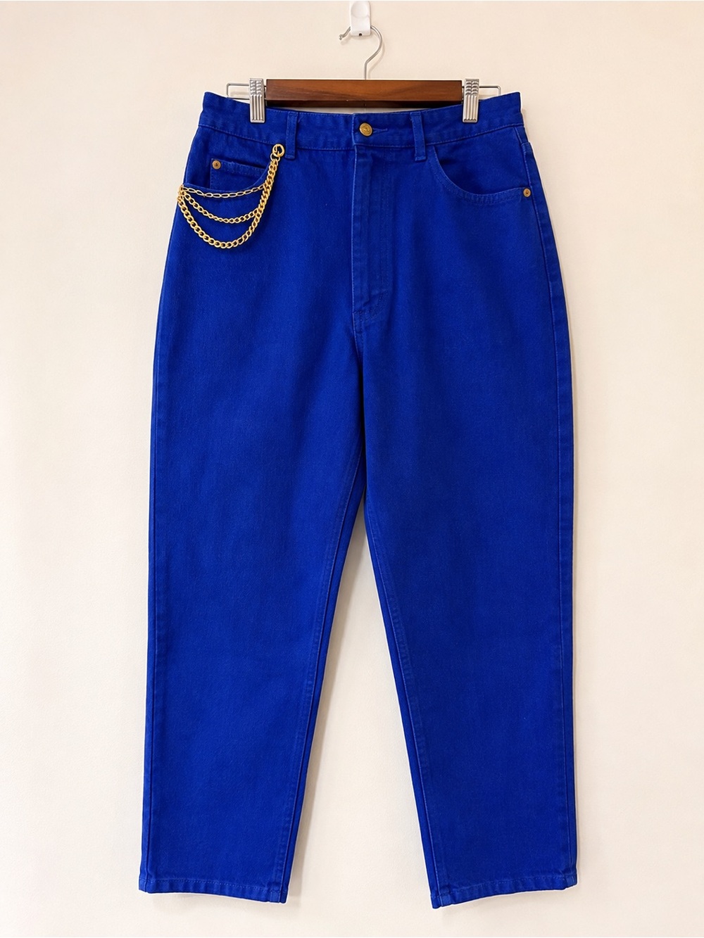 Vintage St. John Signature Jeans Size 12 Royal Blue Gold Chain Made USA Flawed